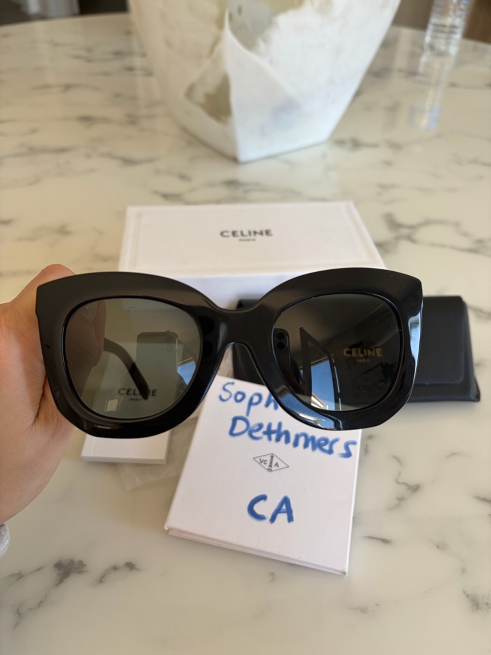 Celine Glossy Black Cat-Eye Sunglasses with Dark Green Lenses - Picture 7 of 8
